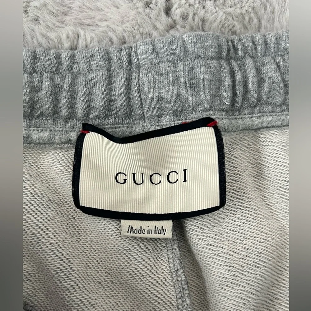 Gucci Gray Sweat Shorts with Cream & Navy Stripe and Embroidered Tiger
